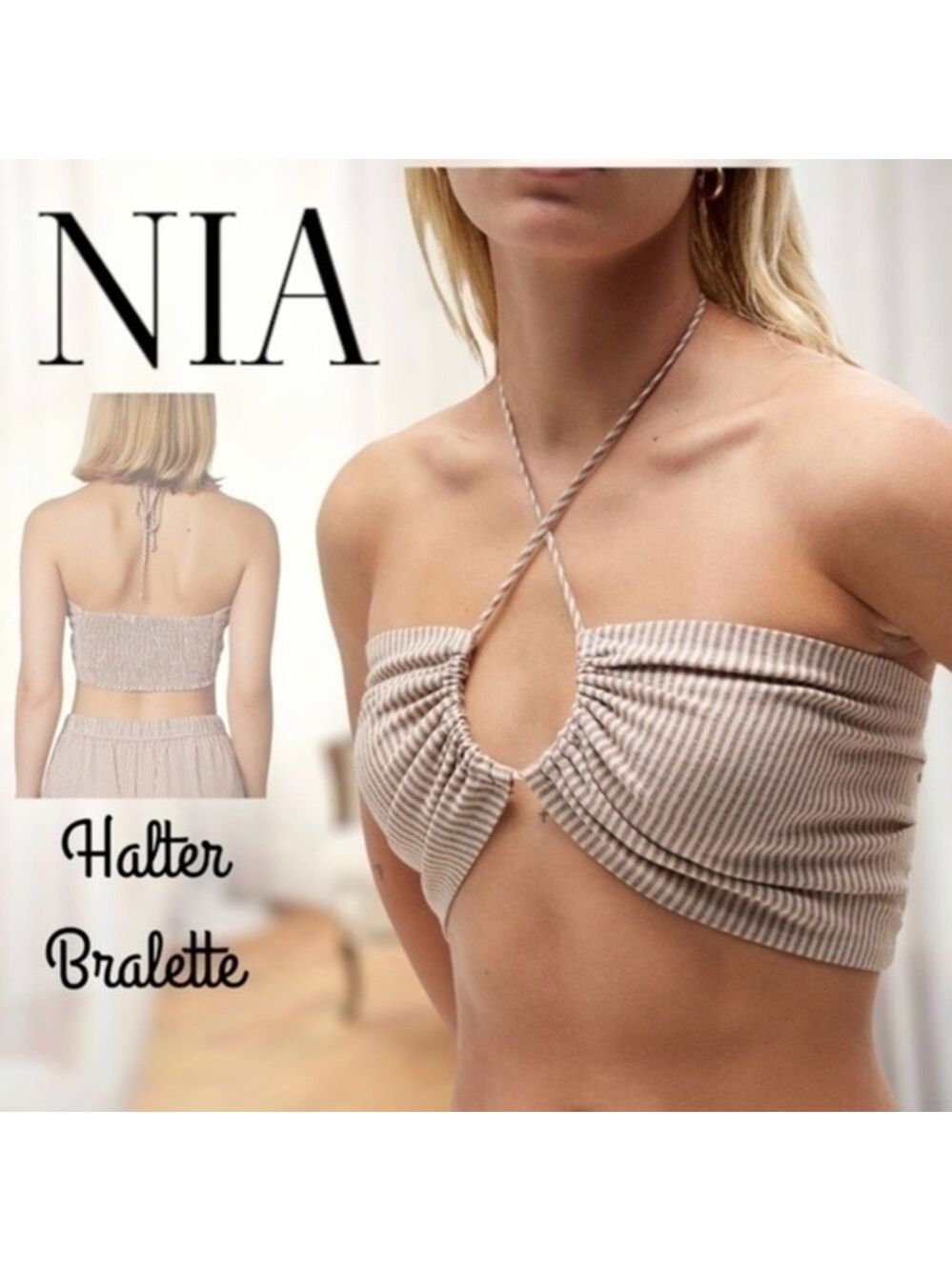 NIA Versatile Yarn-Dyed Convertible/Adjustable Striped Halter Bralette NWT/Lg